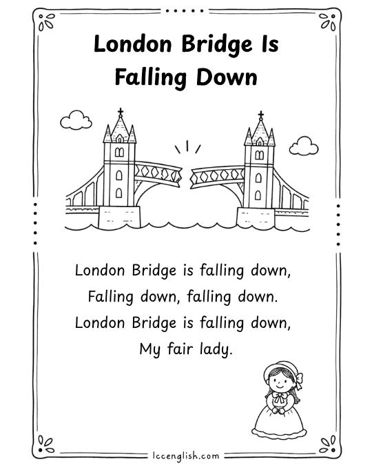 Black and white printable nursery rhyme lyric card with English lyrics and hand-drawn illustrations for kids and ESL learners.