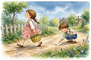 Illustration for the nursery rhyme "A-Tisket, A-Tasket" featuring a little girl carrying a basket while a little boy picks up a lost letter.