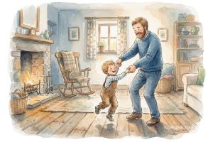 Father and young child happily dancing together in a cozy living room with a warm fireplace.