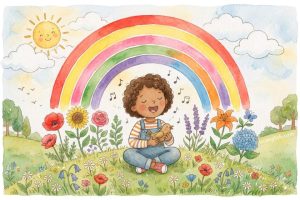 Watercolor illustration for "I Can Sing a Rainbow" featuring a child singing beneath a colorful rainbow in a flower meadow.