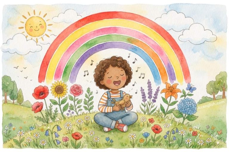 Watercolor illustration for "I Can Sing a Rainbow" featuring a child singing beneath a colorful rainbow in a flower meadow.