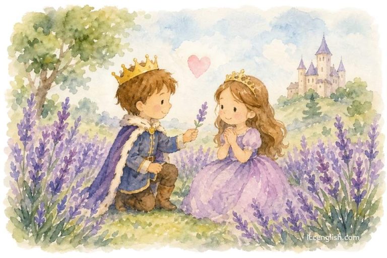 Watercolor illustration of a young prince giving a lavender flower to a princess in a lavender field, with a castle in the background.