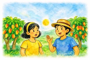 A watercolor illustration of two children chatting in a sunny mango orchard with ripe mango trees and green hills in the background.