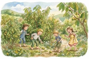 Watercolor illustration of children exploring a pawpaw patch and picking pawpaw fruit for the traditional American folk song "Paw Paw Patch".