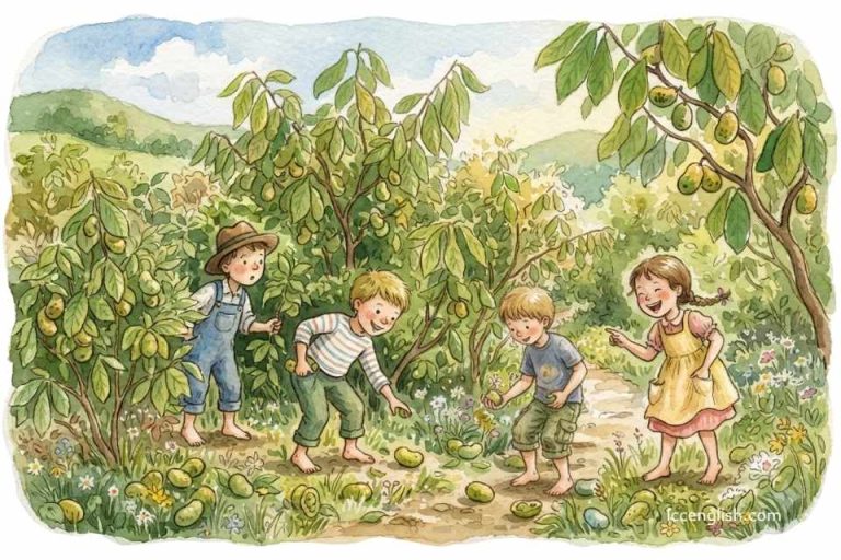 Watercolor illustration of children exploring a pawpaw patch and picking pawpaw fruit for the traditional American folk song "Paw Paw Patch".